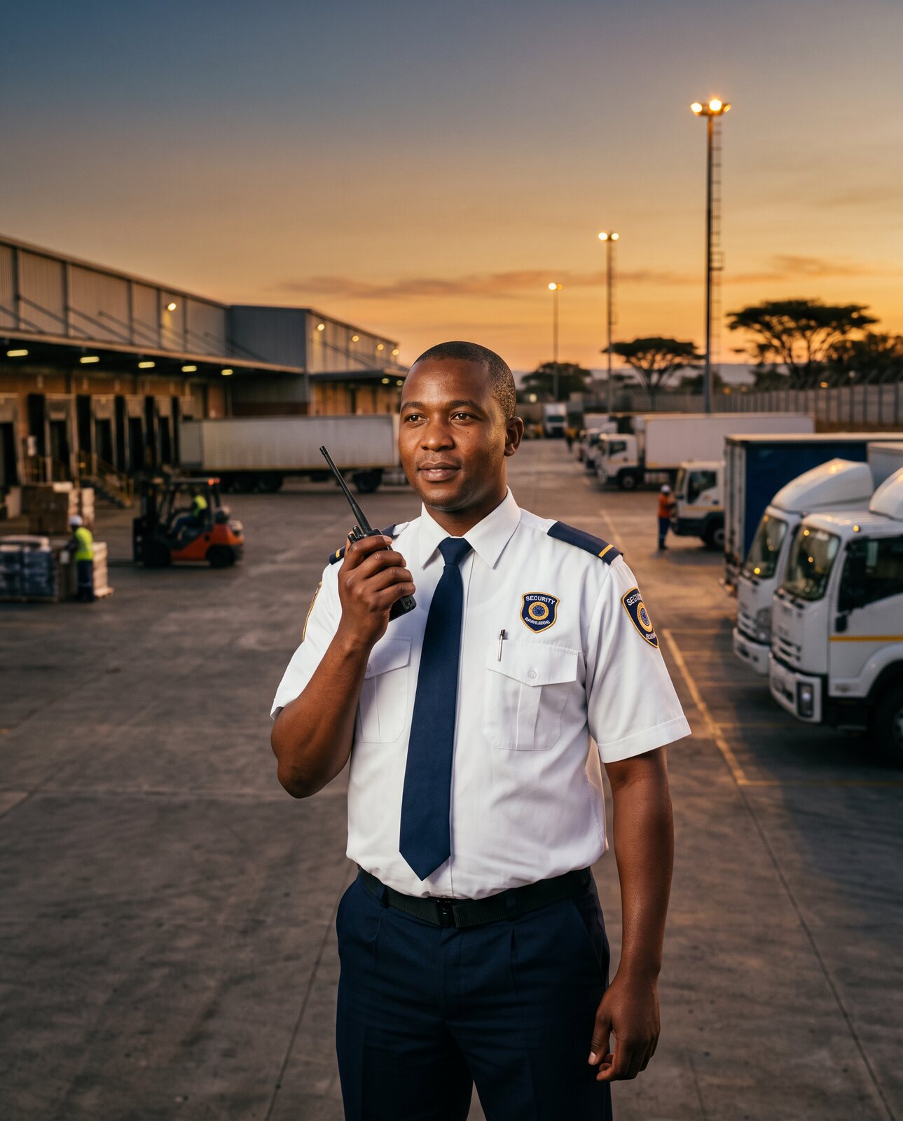 ABS security officer with radio in a logistics yard at dusk