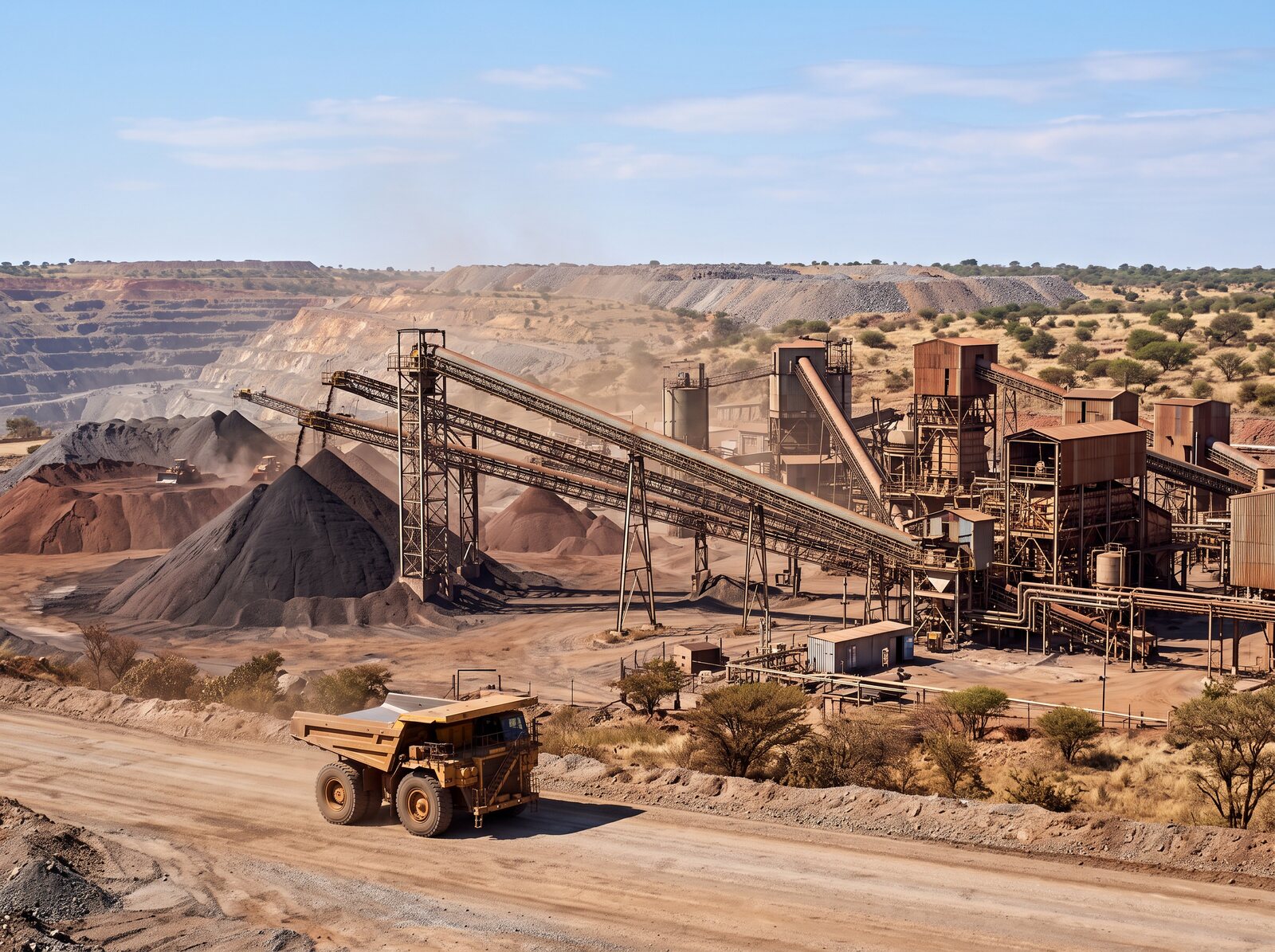 Mine processing plant with conveyor and haul truck