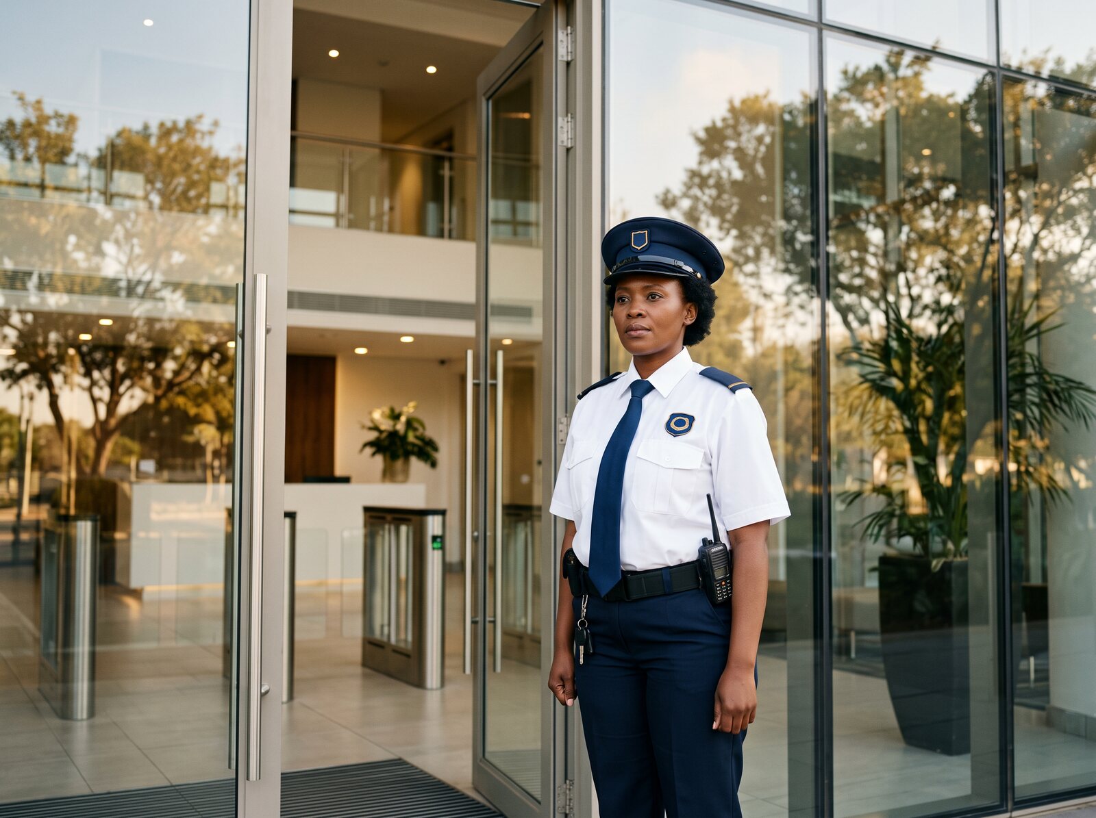 ABS security officer at a glass office entrance